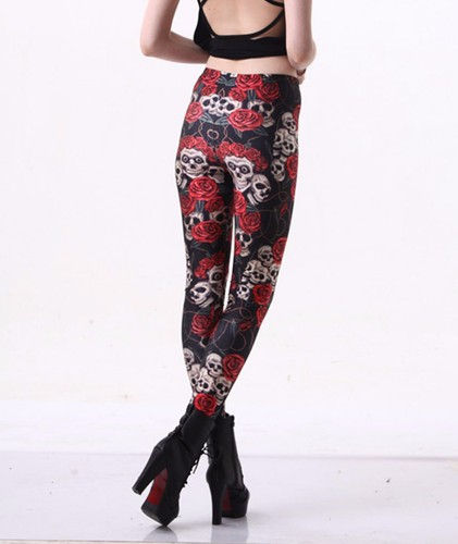 Women Black Halloween Skull Skeleton Rose Costume Skinny Stretch Leggings Pants - Picture 2 of 9