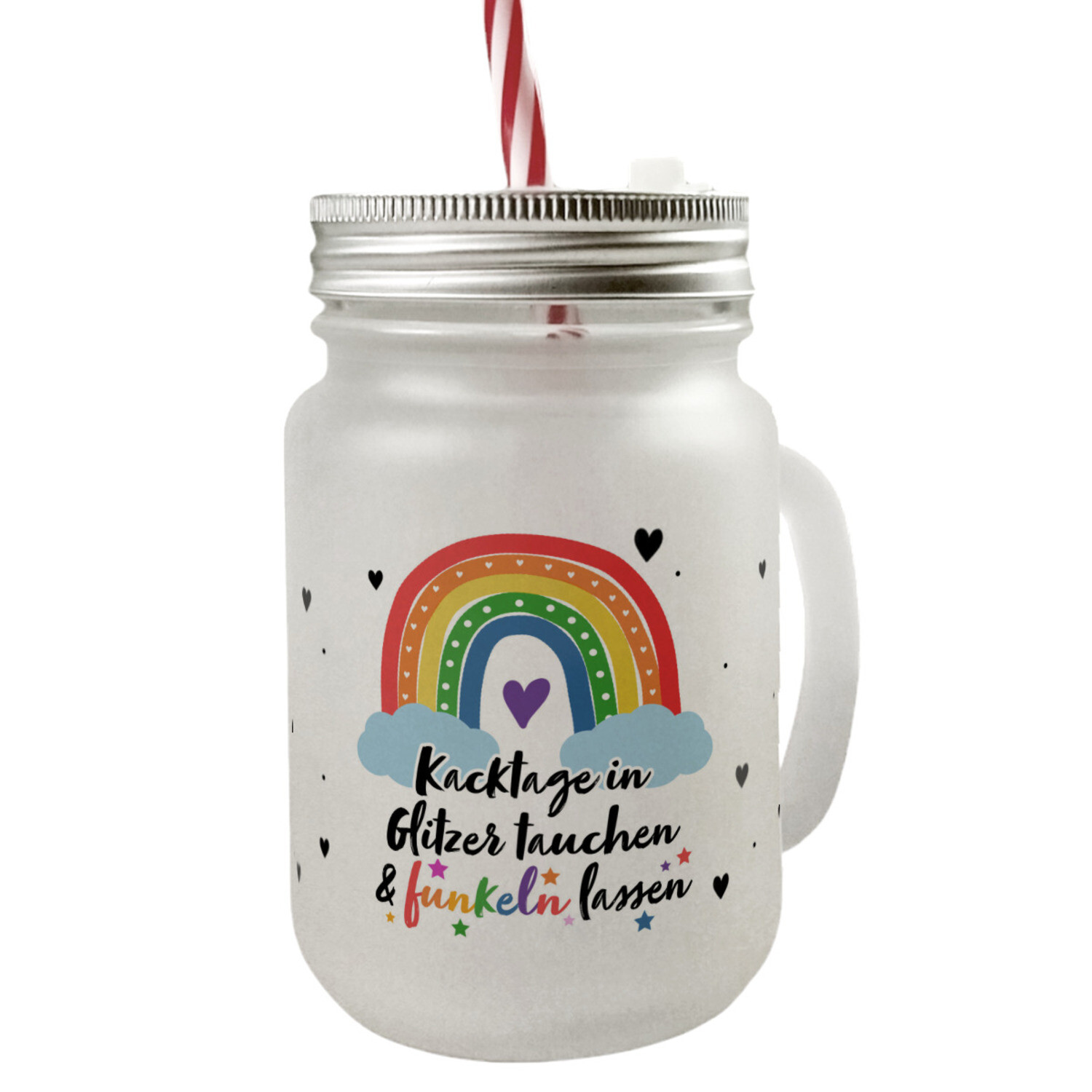 Regenbogen Mason Jar Henkel Trinkglas mit Deckel mit Spruch Kacktage in Glitzer
