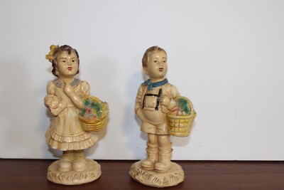 Pair of Vintage/Antique Plaster Figurines - Boy and Girl with Baskets