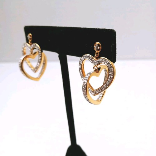 Danbury Mint Double Heart Earrings Dangle Pierced Gold Tone 1.5 Inch No Box - Picture 2 of 6