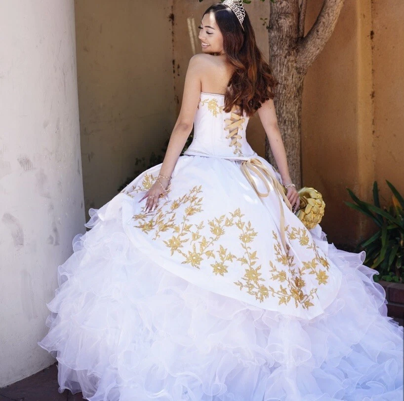 white and gold quinceanera dresses