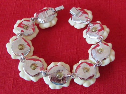 Nolan Miller Silver tone Clear Rhinestone Cream Lucite Camellia Rose Bracelet - Picture 3 of 4
