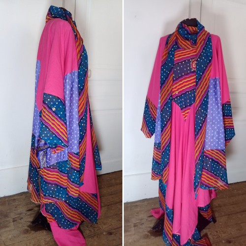 NEW HANDMADE BESPOKE KIMONO COAT ONE SIZE MATCHING HALTERNECK DRESS PINK SAREE - Picture 3 of 10