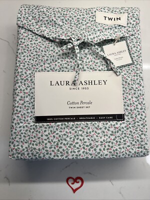 Laura Ashley Sheet Set JOLLY HOLLY HOLIDAY 3pc TWIN CHRISTMAS Red Green