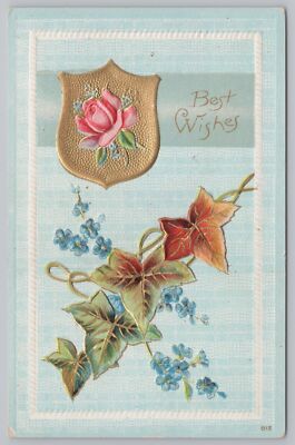Greetings~Red Rose Forget Me Nots & Best Wishes~Vintage Postcard
