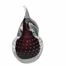 Glass Pear Paperweight Decoration Dark Red Inside Clear Outside Scratches, Chip