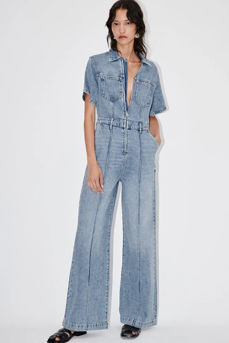 ZARA FULL LENGTH DENIM JUMPSUIT WASHED EFFECT Sz XL 7223 252 BNWT
