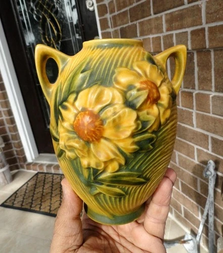 ROSEVILLE POTTERY Sienna Yellow Peony Vase 58-6” TWO HANDLE ART POTTERY ~1940's~