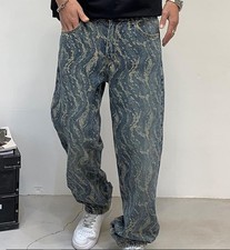 Men's Blue Denim Jeans Straight Leg Casual Punk Hip Hop Pants Pockets Trousers
