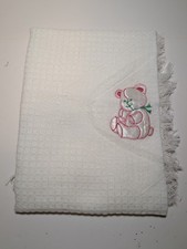 Quiltex Vintage Acrylic Woven Baby Blanket Teddy Bear Fringe Trim 40" Rare HTF