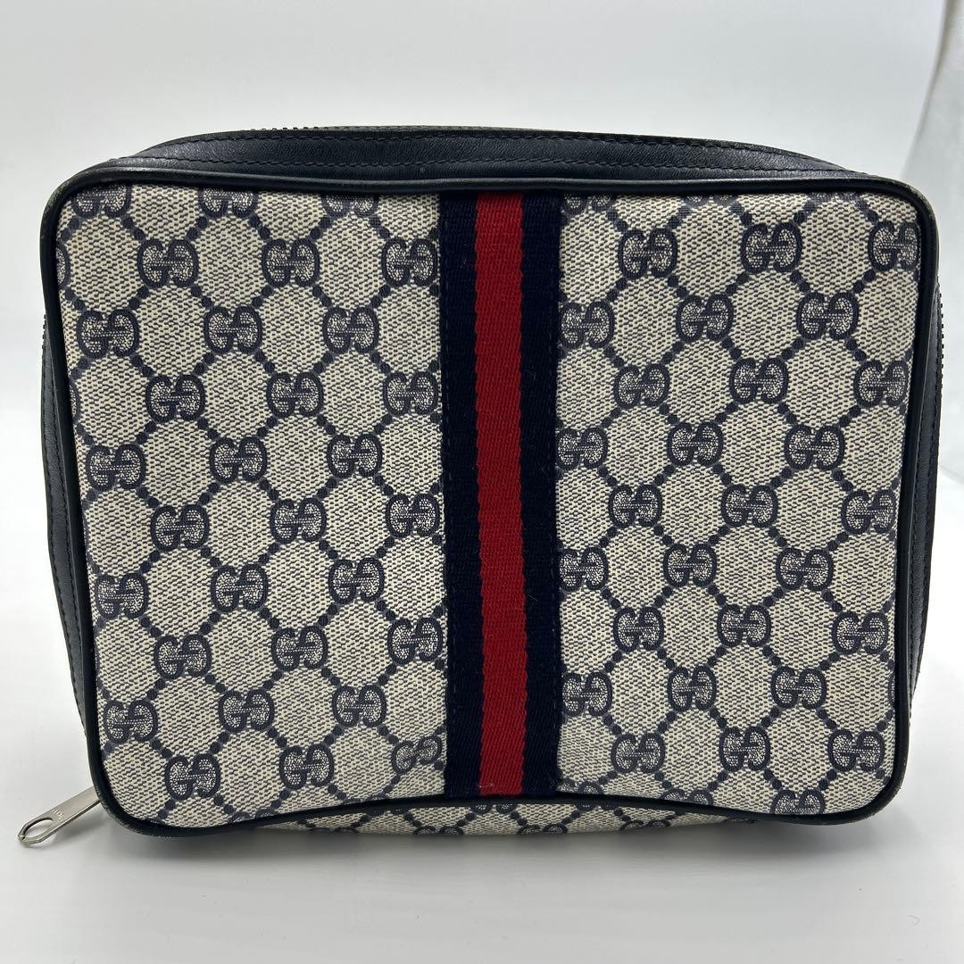 GUCCI GG Supreme Sherry Line Clutch Bag Navy Leather Vintage Condition