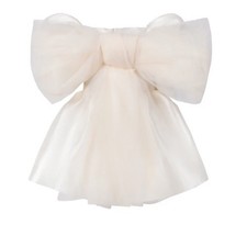 Girls White Satin Ball Gown Short Balloon Sleeve Dress with Large Bow in Back