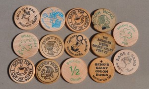 LOT OF 14 WOODEN NICKEL TOKENS