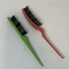 VTG 70s Tease Brush Lot of 2 Nylon Bristle 9" Green Pink Hair Styling Hairbrush