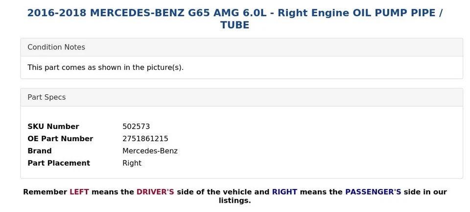 Mercedes-Benz G65 AMG 2016-2018 6,0 L - Motor derecho Bomba de aceite Tubo/Tubo Foto 3 de 4