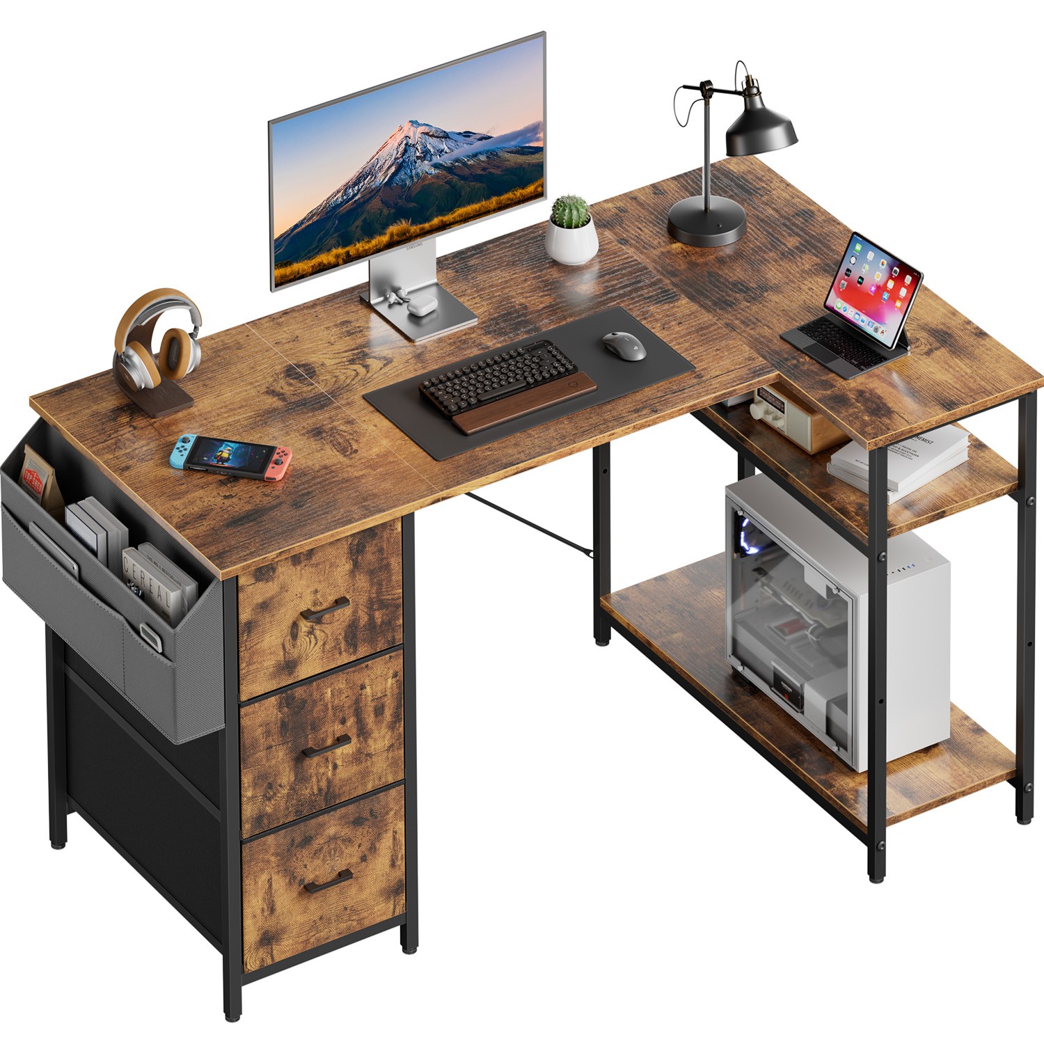 47" L Shaped Computer Desk with Drawers, Corner Desk with Side Bag, Brown