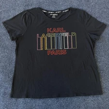 Karl Lagerfeld Paris Shirt Womens XL Black Rhinestone Logo Crewneck Tee T-Shirt