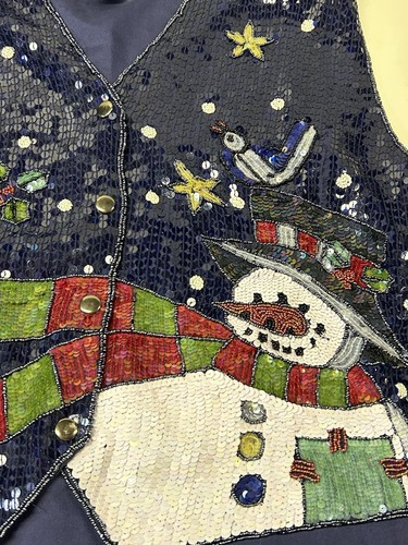 Vintage Quacker Factory Vest L Sequin Holiday Snowman Ugly Christmas Teacher - Picture 2 of 10
