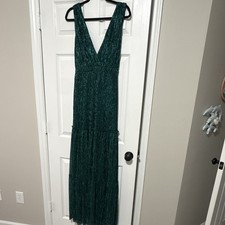 Lulus Green Pleated Glitter V-Neck Sleeveless Maxi Dress Lined Size L