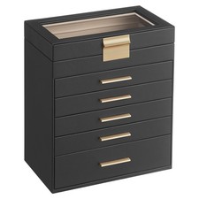 SONGMICS Jewelry Box Organizer with Glass Lid, 6-Layer Jewelry Storage - Black