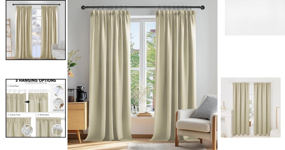 Extra Long Beige Pencil Pleat Curtains - Room Darkening Drapes for Better Sleep - Image 2 of 4