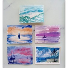 Original ACEO Art Set 5 Landscape Sea Sailboat Wave Beach Palm Rest Boat Sunset