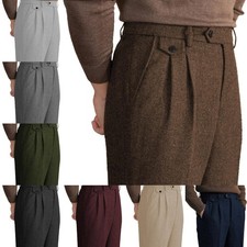 Tweed Herringbone Mens Trousers Slacks Pleated Pants for Formal Casual Work Wear