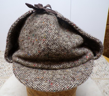 Vintage Tweed Deerstalker Wool Blend Cap Sherlock Holmes Hat Ribbon Tie