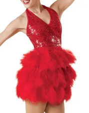WEISSMAN We're In The Money 7181 RED Sequin Feather Skirt Dance Dress SA S ADULT