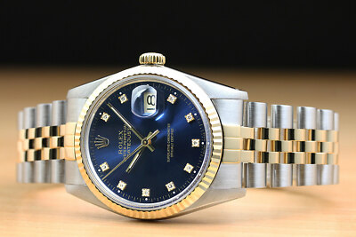 ROLEX MENS DATEJUST 16013 FACTORY DIAMOND BLUE DIAL 18K YELLOW