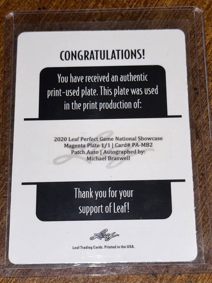 MICHAEL BRASWELL 2020 Leaf Perfect Game MAGENTA PLATE AUTOGRAPH #1/1 LSU TIGERS - Image 2 of 2