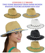 Brand NEW! C.C Two Tone Braided Trim Paper Woven Panama Fedora Summer CC Sun Hat