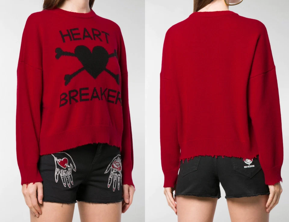 VALENTINO RED  Heart Breaker Cropped Distressed Wool Cashmere Jumper Pullover S