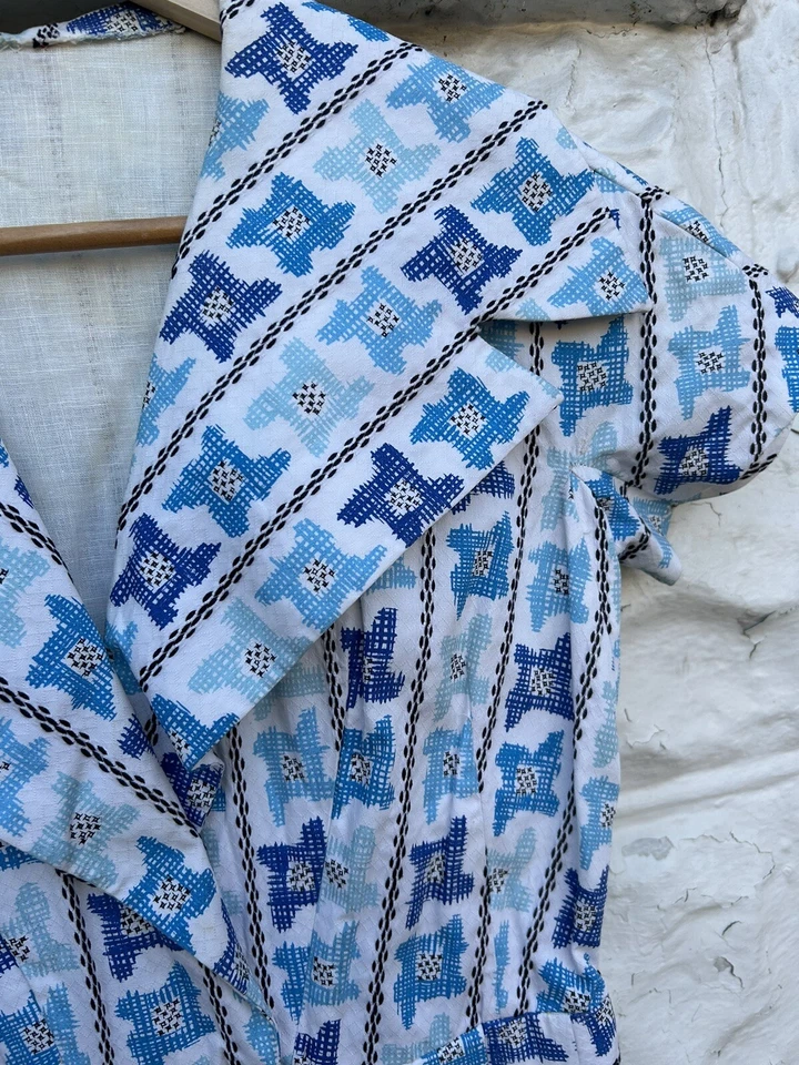 Итальянский винтажный 1950-х годов подходит Расклешенный день платье женщин синий геометрический ручной работы  - Изображение 4 из 4