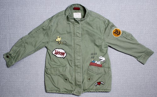 Zara Girls RARE Peanuts Snoopy & Woodstock Green Military Denim Jacket Youth 8