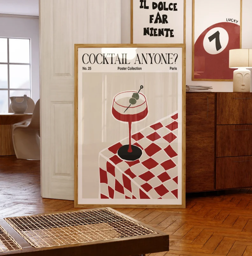 Retro Cocktail Bar Cart Print, Hand-Drawn Martini Poster, Kitchen Wall Decor - 第 1/4 張圖片
