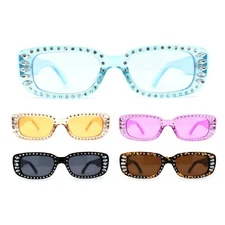 Womens Rhinestone Bejeweled Mod Rectangular Plastic Sunglasses