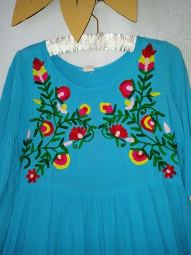 Riviera Sun Dress M / L Turquoise Embroidered Floral Boho Hippie Side Pockets - Picture 3 of 9