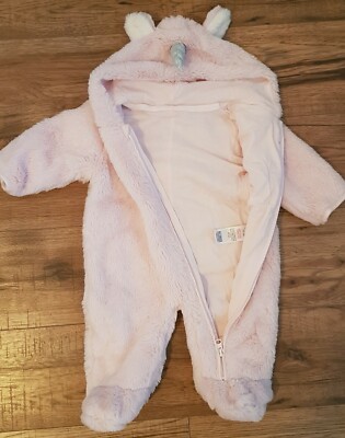 Baby girl snowsuit pramsuit fluffy pink unicorn M&S winter 0-3 months - Main Image