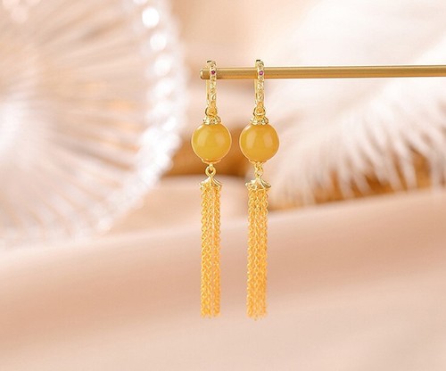 F02 Orecchini Romantico Gialli Ambra Nappe Argento Sterling 925 Placcato Oro - Foto 4 di 4
