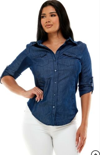 Women Junior shirt top Denim Cotton Blend button down stretch Ci Soon TP168 - Picture 4 of 12
