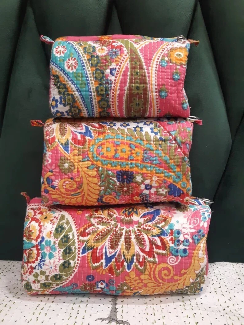 New Indian Pink Paisley Toiletry Bag Unisex Makeup Bags Waterproof 3 Pcs. Set US