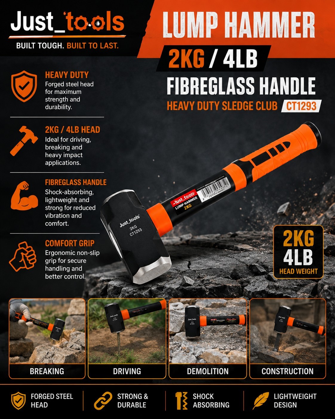 Lump Hammer 2kg 4lb Fibreglass Handle Sledge Club New Heavy Duty CT1293