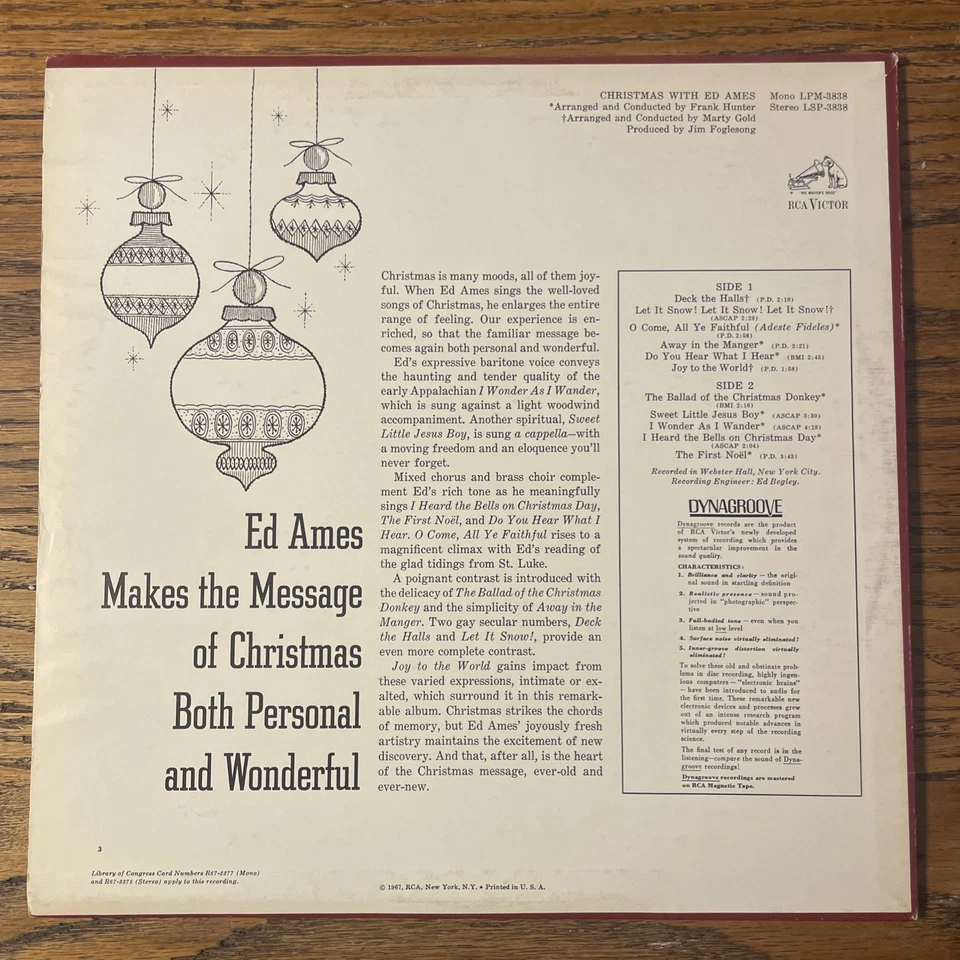 Ed Ames / Christmas With Ed Ames LP RCA Stereo Holiday + Inner VG - Image 4 of 4