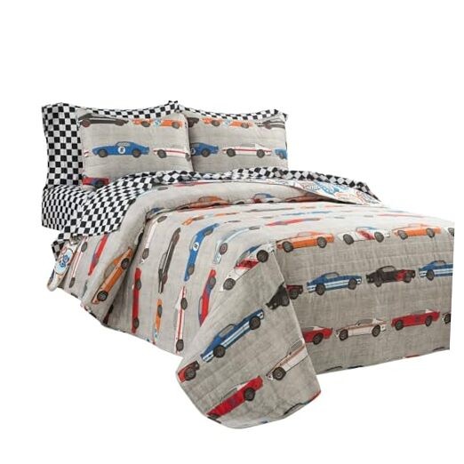 Race Car Kids' 5-Piece Bed Set, Reversible Twin Blue & Orange Oversized Quilt