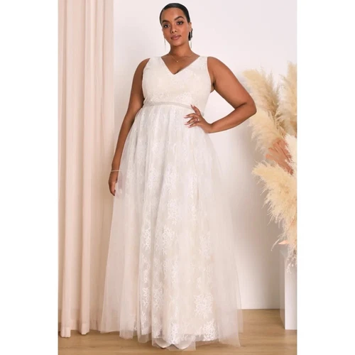 LULUS Maxi abito Lulu’s Sweet Love avorio pizzo tulle perline nuovo con etichette 1X matrimonio
