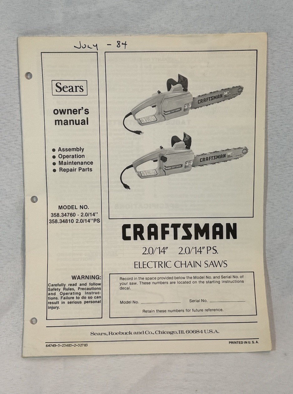 Craftsman Electric Chainsaw Owners Manual Model 358.34760 2.0/14” 358. ...