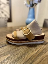 Coach and Four Treviso Tan Leather Platform Slide Sandals Gold Buckle Size 8