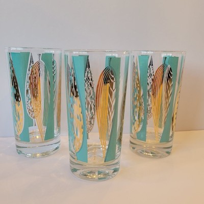 Fred Press Mid-Century Glasses  22K Gold and Turquoise Leaf Set of 3 MCM Barware