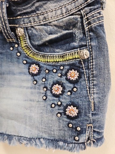 Miss Me Shorts Womens Size 26 Blue Distressed Denim Bling Pockets - Picture 5 of 7